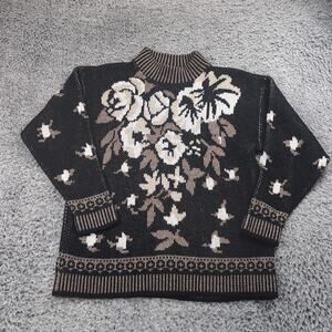 Vintage Avon Sweater Women Large Black Floral Knit Made In USA Classic Casual